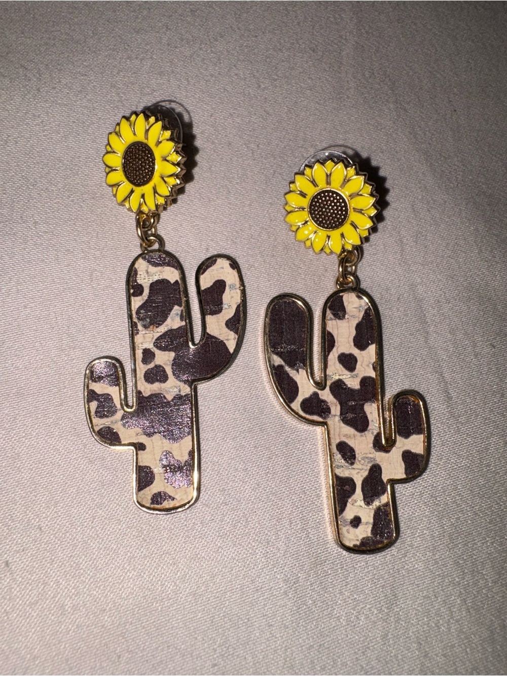 Sunflower Top Cactus Drop Earrings in Yellow and Leopard Print
